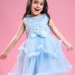 Mark & Mia Sleeveless Party Frock Embroidered with Bow & Floral Applique - Sky Blue-image-23