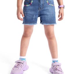 Babyhug Denim Mid Thigh Length Washed Shorts with Heart Embroidery - Navy Blue-picture-16
