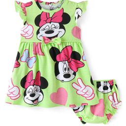 Babyhug Disney Cotton Interlock Sleeveless Frock With Bloomer Minnie Mouse Print - Green-image-46