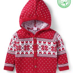 Babyhug Cotton Knitted Full Raglan Sleeves Front Open Hooded Sweater With Heart Design - Red-17