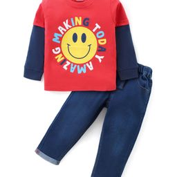 Babyhug Single Jersey Knit Doctor Sleeves T-Shirt & Denim Jeans Set With Emoticon & Text Print - Red & Blue-image-73