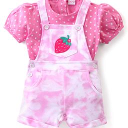 Babyhug Cotton Knit Fruity Embroidered Dungaree with Half Sleeves Inner Tee Polka Dots Print - Pink & White-image-68