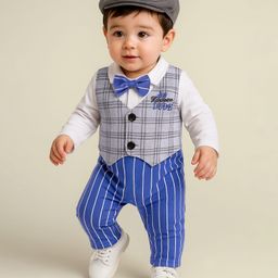 Kookie Kids Full Sleeves Party Wear Striped & Checks Waist Coat Romper With Bow Detailing - Grey-image-22
