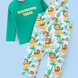 Babyhug Single Jersey Knit Full Length Dungaree with Full Sleeves T-Shirt Text & Animal Print - Sea Green-image-80