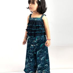 Elaisha Sleeveless  Ruffled & Shimmer  Unicorn Printed Jumpsuit - Navy Blue-image-67