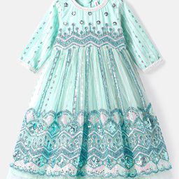 Babyhug Woven Three Fourth Sleeves Floral & Sequin Embroidered Ethnic Dress - Aqua Blue-image-70