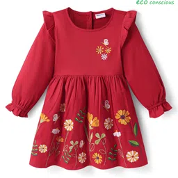Babyoye Cotton Elastane Woven Full Sleeves Frock with Floral Embroidery - Red-picture-47
