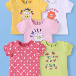 Doodle Poodle 100% Cotton Knit Half Sleeves Tops With Heart & Floral Print Pack Of 5 - Pink White & Yellow-image-30