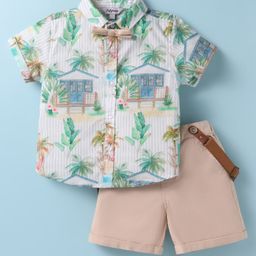 ToffyHouse Poplin Woven Half Sleeves Tree Printed Shirt & Shorts With Bow & Suspender - Cream-image-49