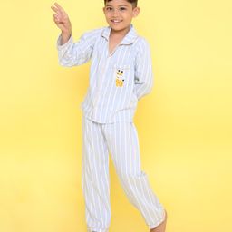 Knitting Doodles Pure Cotton Woven Full Sleeves Striped & Giraffe Embroidered Coordinating Shirt & Pajama Set - Blue-image-93