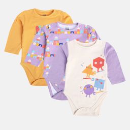 MINI KLUB Cotton Pack Of 3 Full Sleeves Abstract & Have A Whally Good Day Text Printed Onesies - Orange Purple & Beige-image-5