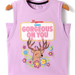 Doreme Cotton Knit Sleeveless T-Shirt with Animal Floral & Text Print - Lilac-image-78