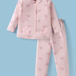 Teddy Sinker Knit Full Sleeves Night Suit With Floral Print - Peach-image-53