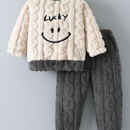 Mark & Mia Full Sleeves Fur Winter Night Suit with Cable Knit Design - Grey-image-15