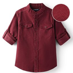 Pine Kids Corduroy Woven Full Sleeves Solid Shirt with Mandarin Collar & Front Pockets - Maroon-picture-36