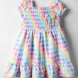 Twetoons Woven Half Sleeves Checks Frock With Heart Print & Floral Applique - Multicolor-image-66
