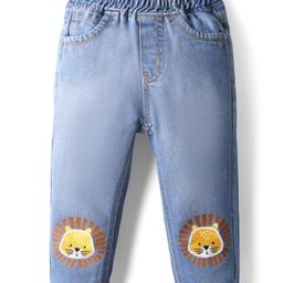 Little Kangaroos Full Length Washed Denim Jeans with Lion Patch Detailing - Light Blue-picture-38