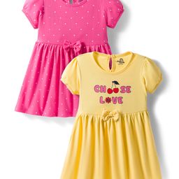 Doodle Poodle Cotton Knit Half Sleeves Frocks with Bow Applique Polka Dots & Text Print Pack of 2 - Dark Pink Yellow-picture-22