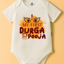 The Peppy Tend 100% Cotton Knit Durga Puja Theme Half Sleeves My First Durga Pooja Text Printed Onesie - White-picture-30