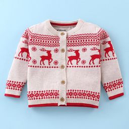 ToffyHouse Cotton Knitted Full Sleeves Front Open Sweater Set With Cap & Deer Design - Off White & Red image 2