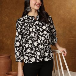 HERE&NOW Women Floral Print Monochrome Mandarin Collar Cuffed Sleeves Shirt Style Top-image-44