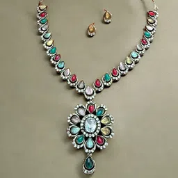 Rebekah Silver-Plated Stones Studded Teardrop Floral Necklace & Earring Set-40