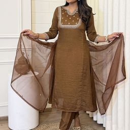 Ekta Textiles Yoke Design Sequinned Notch Neck Kurta With Pyjamas & Dupatta image 3