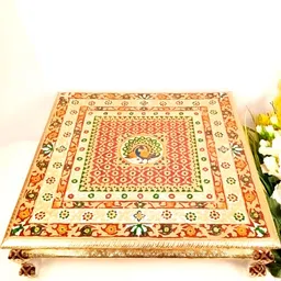 apka mart Beige & Brown Printed Wooden Puja Chowki-image-19
