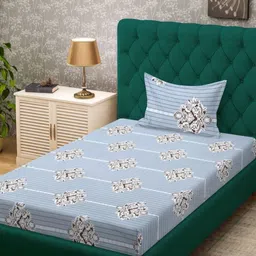 KLOTTHE Grey & White Ethnic Motif Printed300 TC Single Bedsheet Set 2.25 x 1.50 m-image-0
