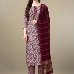 A TO Z CART Women Floral Printed Regular Thread Work Kurti with Pyjamas & With Dupatta-12