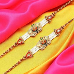 ADIVA Set Of 2 Stones Studded & Beaded Ganesha Thread Rakhis With Roli Chawal-image-86