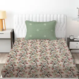 IVAZA Beige & Green Floral Queen Bedsheet with 1 Pillow Covers-picture-38