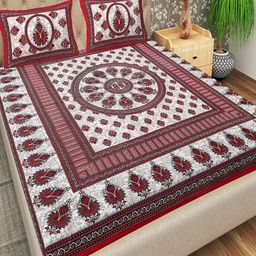 Qfab Red Floral 144 TC Queen Bedsheet with 2 Pillow Covers-image-92