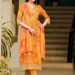 Berrylicious Floral Embroidered Panelled Sequinned A-Line Kurta with Trousers & Dupatta-picture-15