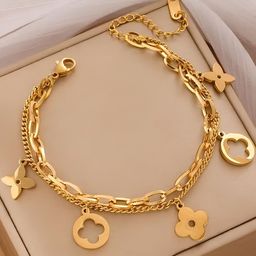 KARISHMA KREATIONS Stainless Steel Gold-Plated Link 4 Four Leaf Clover Bracelet-55