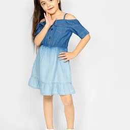 Naughty Ninos Girls Cold-Shoulder Sleeves Denim Fit and Flare Dress-picture-1