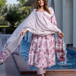 KALINI Floral Printed Anarkali Pure Cotton Kurta With Trousers And Dupatta-23