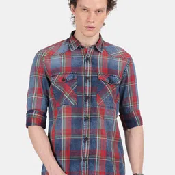 Blu MNKY Men Smart Slim Fit Tartan Checked Spread Collar Cotton Casual Shirt-image-73