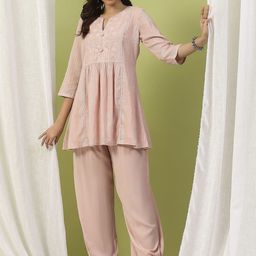 Nayam By Lakshita Floral Embroidered Panelled Sequinned Pure Cotton A-Line Kurti & Palazzo-picture-38