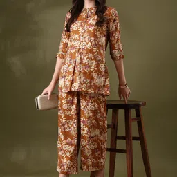 Anouk Brown Floral Printed Mandarin Collar Tunic & Trousers-picture-52