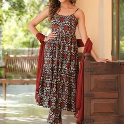Janasya Women Floral Printed Tiered Pure Cotton Kurta with Trousers & With Dupatta-picture-14