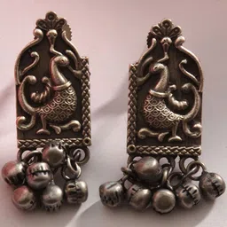 JAYPORE Silver-Plated Ghungroo Beaded Oxidised Contemporary Shaped Drop Earrings-picture-25