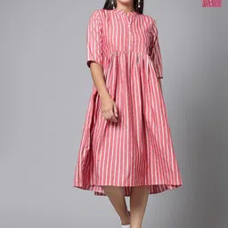 Moda Rapido Pack Of 2 Striped Mandarin Collar Cotton Fit And Flare Dresses-image-2