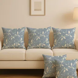 STITCHNEST Blue & White Set of 5 Floral Square Cushion Covers-8