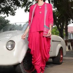 Stylum Women Solid Embroidered Kurti with Dhoti Pants & Jacket-picture-38
