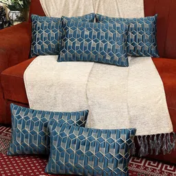 monkdecor Blue Color Rectangular Velvet Cushion Cover, Set of 5-33
