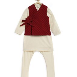Tiber Taber Boys Band Collar Pure Cotton Maharajah Kurta With Churidar & Jacket-image-88