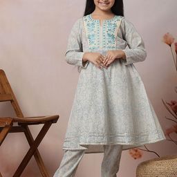 KYDZI Girls Floral Printed Regular Thread Work Pure Cotton Kurta with Trousers-picture-14