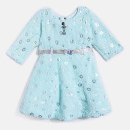 HERE&NOW Girls Foil Print Woollen Dress With Belt-image-66