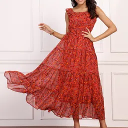 Mast & Harbour Women Ethnic Motifs Printed Tiered Georgette Fit and Flare Midi Dress-image-59